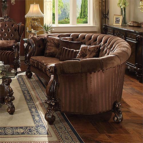 Acme Versailles Sofa with 5 Pillows in Brown Velvet and Cherry Oak Acme