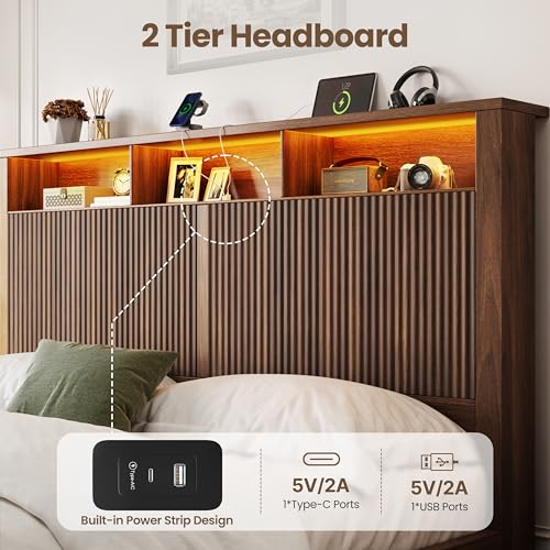 CypBed King Size Bed Frame and Headboard& 2 Storage Drawers, King Bed Frame with LED Light and Charging Port, Farmhouse Wavy Design, Wood & Metal Platform, Noise-Free, No Box Spring Needed, Walnut CypBed