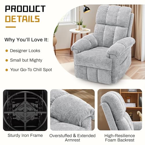 Korser Recliner Chair, Swivel Rocker Recliner Chair for Adults, Small Recliners for Small Spaces, Manual Recliner Chair with Side Pockets, Nursery Rocking Chair for Living Room, Chenille, Silver Grey
