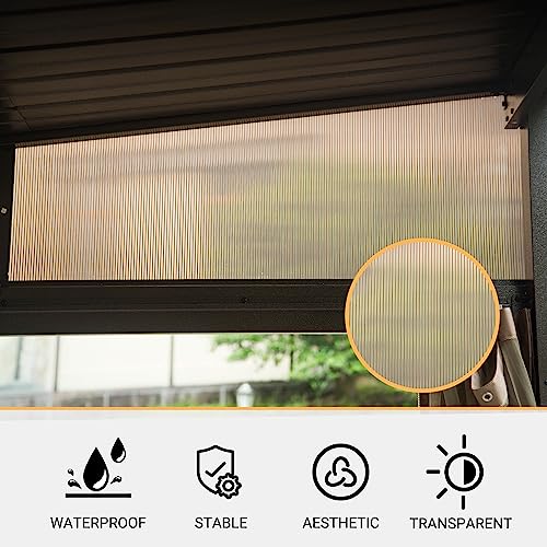 Domi 12x14FT Lean to Gazebo, Hardtop Wall Mounted Gazebo with Sloping Galvanized Steel Roof, Wall Pergola with Aluminum Frame, Curtains and Netting, for Patio, Deck, Garden, Backyard domi outdoor living