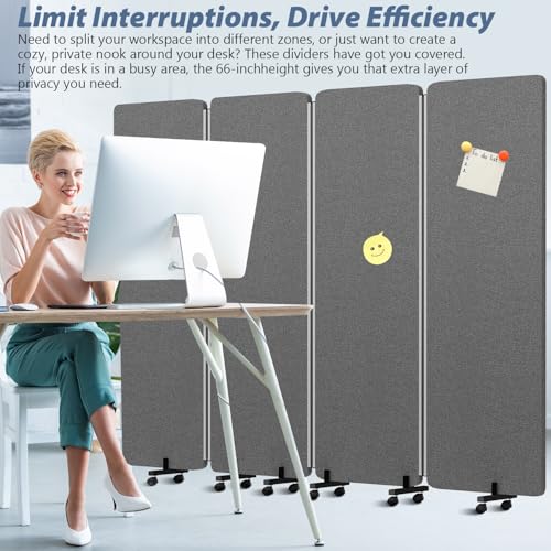 Room Divider Privacy Soundproof Panel with Wheels, 4 Panel Wall Divider (Aluminum Frame) for Room Partition, Folding Room Dividers Space Separation Office Cubicle Wall Sound Proof Partition Divider HOMSCREENER