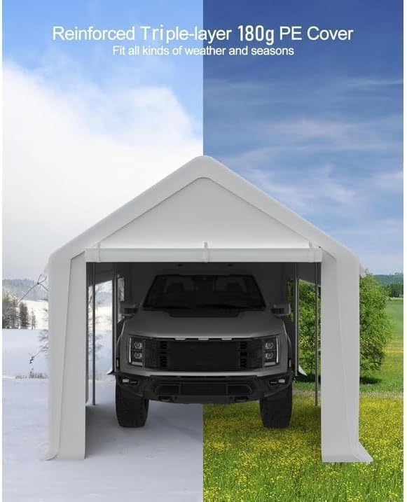 IDEALHOUSE 10x20ft Heavy Duty Carport with Roll-Up Windows - Portable Garage with Removable Sidewalls & Doors, All-Season Tarp Shelter for Cars, Trucks, Boats & Motorcycles (White) IDEALHOUSE