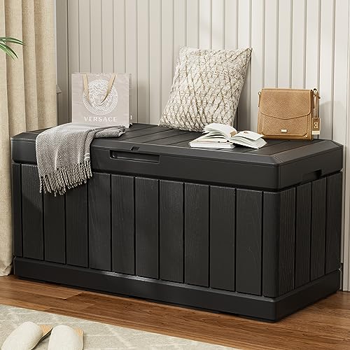 YESHOMY Storage Chest, Entryway Resin Shoe Bench with Hydraulic Bracket Flip Lid, Side Holder, Supports 450 lb, 45.6 x 20.8 x 23.2 Inches For Bedroom, Living Room, Lockable, Black YESHOMY