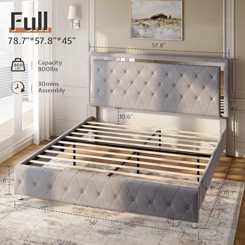 Jocisland Full Bed Frame with LED Lights Headboard&Footboard, Velvet Upholstered Full Size Platform Bed Frame No Box Spring Needed/Light Grey Jocisland