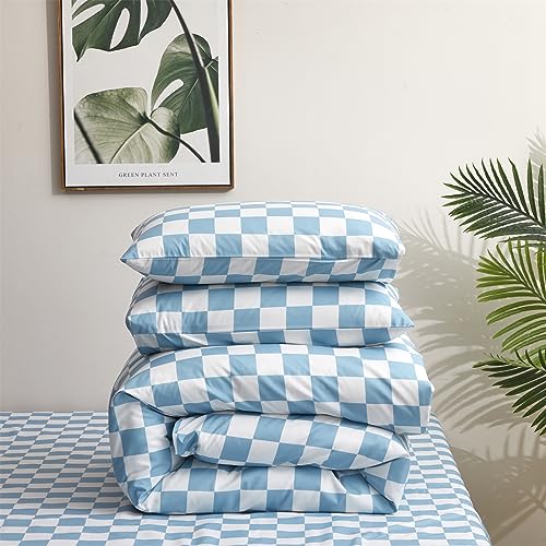 KAREVER Blue White Grid Comforter Set Full Blue Plaid Bedding Set Girls Blue White Checkered Bed Blanket Set Kids Durable Breathable Bedding Comforter Set KAREVER