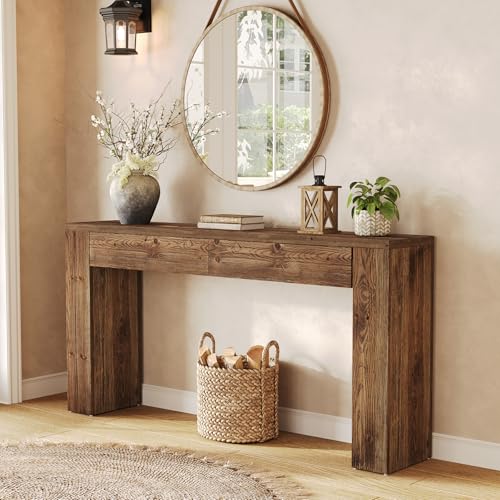 LITTLE TREE Sofa Table with 2 Drawers, 63 Inches Extra Long Console Table, Solid Wood Sofa Table Behind Couch, Large Entryway Hallway Foyer Tables for Living Room, Entrance, Rustic Brown LITTLE TREE