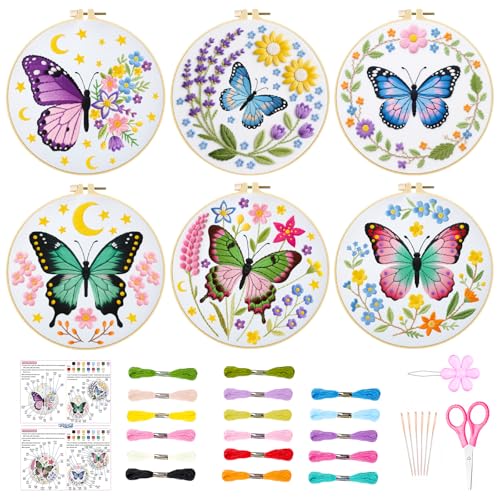 ORIGACH 6 Pack Butterfly & Flower Wreath Embroidery Kits for Beginners, DIY Starter Hand Embroidery Kit with Floral and Butterfly Patterns and Instructions for Adults Women Crafting