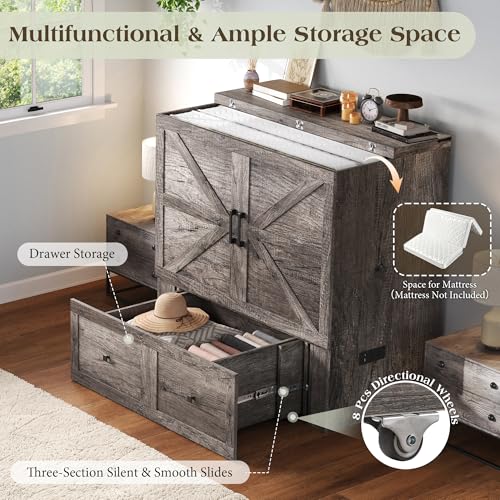 LUXOAK Twin Murphy Bed with Built-in Charging Station and Storage Drawer, Farmhouse Foldable Cabinet Bed for Guest Room, Apartment or Home Office, Rustic Grey LUXOAK