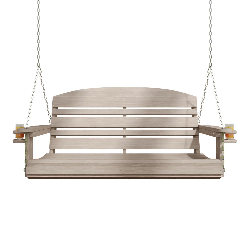 Live Casual Classic Recycled Plastic Porch Swing in Weatherwood Finish - Composite Poly Swing with Included Hanging Chains Live Casual