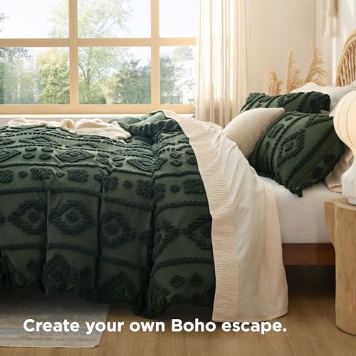 Bedsure Boho Duvet Cover Queen Size - Dark Green Tufted Boho Bedding, Farmhouse Shabby Chic Embroidery Bedding for All Seasons, 3 Pieces, 1 Soft Jacquard Queen Comforter Cover and 2 Pillow Shams Bedsure