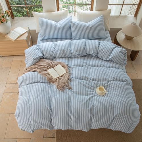 BESTDESIL Luxury 100% Washed Cotton Linen Like Duvet Cover Set,3 Pcs Striped Duvet Cover with Zipper Closure(Strip-Cornflower Blue/White,Queen) BESTDESIL