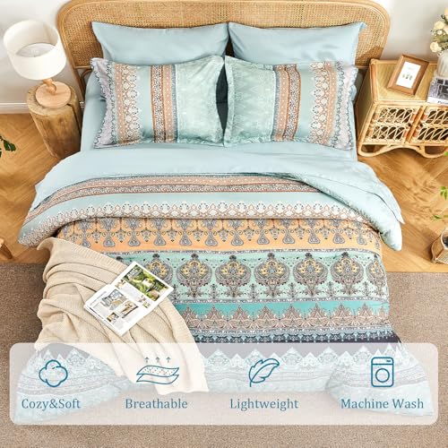 LXWORX Boho Comforter Set Queen - 7 Pieces Bed in a Bag, Bohemian Striped Comforter Set with Sheets, Soft Microfiber Sage Green Floral Bedding Set for All Season LXWORX