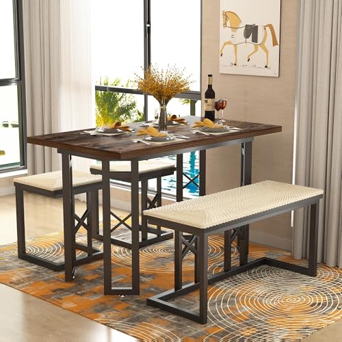 VECELO 43.3" Kitchen & Dining Table Set for 4, Rustic Farmhouse Style with 3 Benches and Wicker Cushions, Compact Metal Frame with Adjustable Foot Pads, Brown VECELO