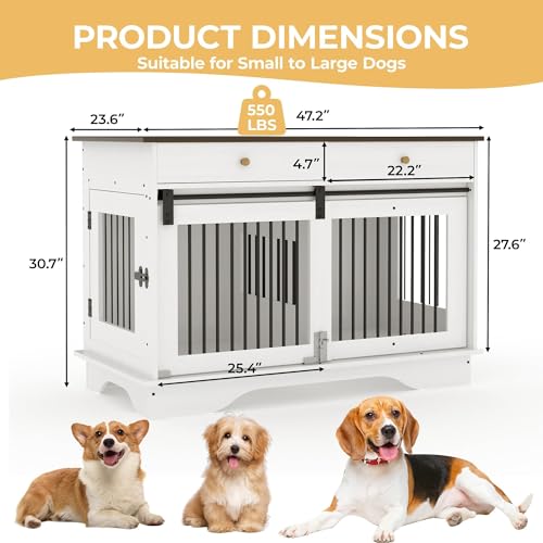 Dog Crate Furniture for 2 Dogs, 47" Double Dog Kennel with Removable Divider and 2 Drawers, Decorative TV Stand Side Table, Indoor Pet Cage for Large/Medium/Small Dogs White GAOMON