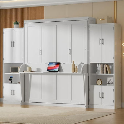 Brabrety Queen Size Murphy Bed Wall Bed with Desk and Closet,Drawers and Shelves,for Small Spaces Studio Study Office Guest Room Use (White#Desk, Queen)