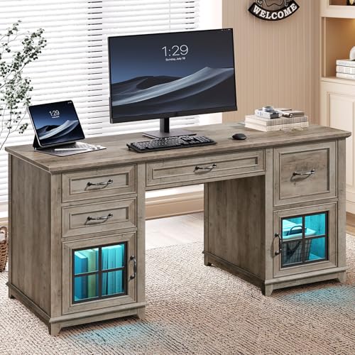 RALGEND 58" Farmhouse Executive Desk, Farmhouse Computer Desk with Drawers & File Cabinet, Wooden Home Office Desk with Power Outlet & LED Light, Workspace for Study Writing, Greige RALGEND