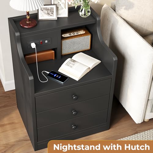 Tiptiper Black Nightstand with Charging Station 3 Drawers, Wood Sofa End Side Table with USB Ports and Outlet, Bedside Table Bedroom Nightstand with Sliding Drawer & Hutch Tiptiper