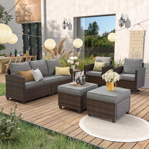 UDPATIO Patio Furniture Set, 6 Pieces Outdoor Sectional Couch with Swivel Rocking Chair, Brown Wicker Rattan Conversation Sofa, 4" Thick Cushion for Garden Backyard Deck, Dark Grey UDPATIO