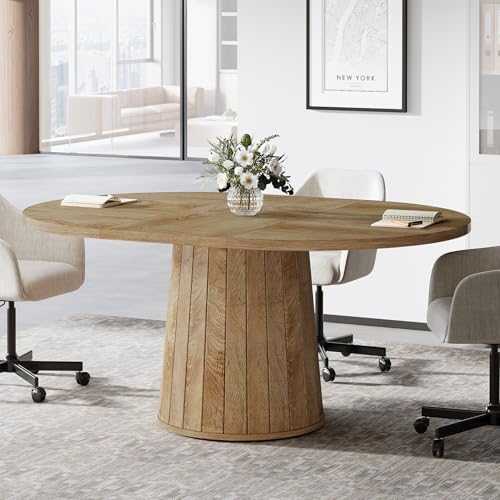 Tribesigns Oval Conference Table, 55.11 Inches Wood Meeting Table for 6 People, Rustic Meeting Seminar Boardroom Table with Wood Base for Office Conference Room (Light Brown) Tribesigns