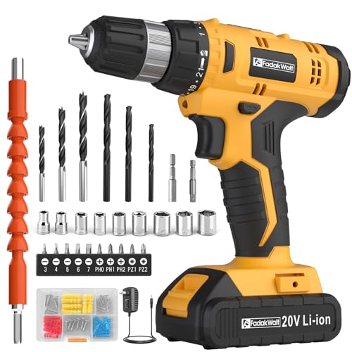 FADAKWALT Cordless Drill Set, 20V Electric Power Drill with Battery And Charger, Torque 30N, 21+1 Torque Setting, 3/8-Inch Keyless Chuck, Drill Driver Bits Kit, with LED Electric Drill Set. (Yellow) FADAKWALT