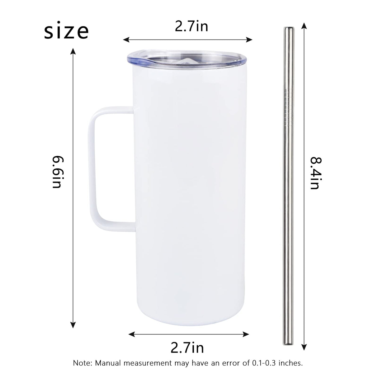 MAIKESUB 4 Pcs Sublimation Blank Skinny Tumbler 16 OZ White Mugs with Handle and Straw Double Wall Stainless Steel Coffee Travel Straight Mug with Sliding Lid MAIKESUB