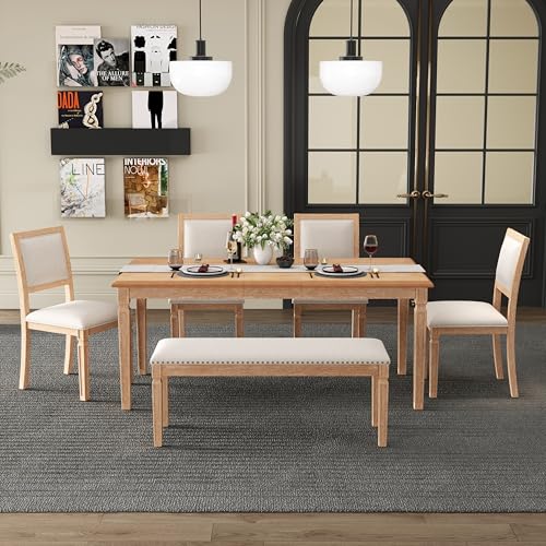 Merax Farmhouse Wooden Dining Set of 6, 72 Inch Extendable Kitchen Table, 4 Chairs with Backrest, 2-Person Bench with Cushion, Rustic Kitchen Table Set w/Retro Carved Legs Natural Wood Wash Merax