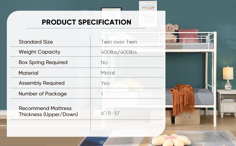 HomJoones Metal Bunk Bed Twin Over Twin Sturdy Heavy Duty Bunk Beds with 2 Side Ladders,Space Saving,No Box Spring Needed,for Boys Girls Teens Adults, Bedroom, Dormitory (White) HomJoones