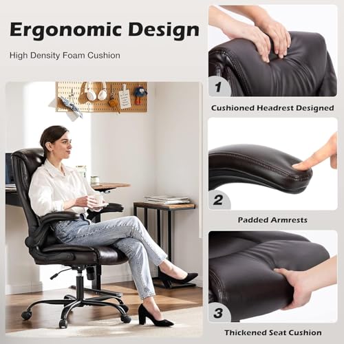 DUMOS Office Chair - Ergonomic Executive Computer Desk Chairs with Adjustable Flip-up Armrest, Swivel Task Chair with Lumbar Support, PU Leather, Brown DUMOS