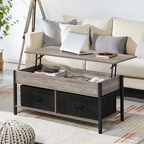 Yaheetech Lift-top Coffee Table with 2 Fabric Baskets & Hidden Storage Compartment, Raisable Top Coffee Table Industrial Center Table with Shelf for Living Room, Gray Yaheetech