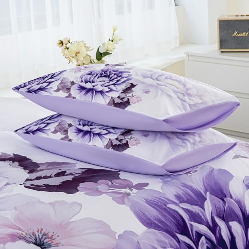 RYNGHIPY Purple Floral Comforter Set: Lightweight Soft Bedding Comforter Sets for All Season - Farmhouse Flower Bedding Set Full Size (Purple,Full Size) RYNGHIPY