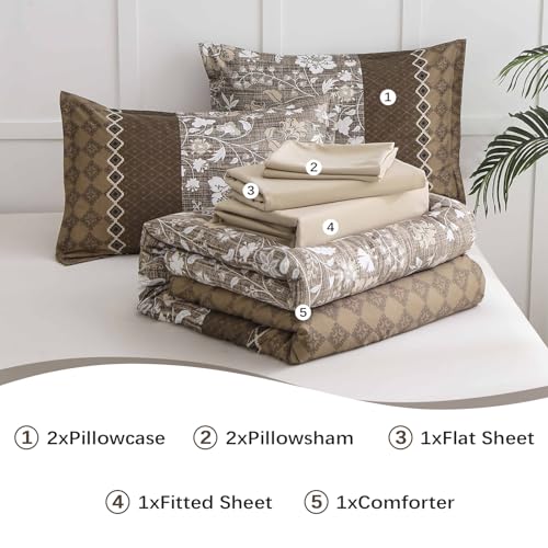 WONGS BEDDING Brown Comforter Set Queen, 7 Pieces Bed in a Bag Floral Patchwork Soft Microfiber Queen Sheet Set with Comforter, Flat Sheet, Fitted Sheet, Pillow Shams,Pillowcases WONGS BEDDING