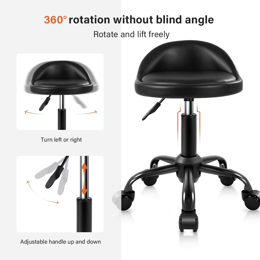 KKTONER Rolling Stool with BackRest Height Adjustable Round Chair with Wheels Swivel Drafting Work PU Leather stools Small (Black) KKTONER