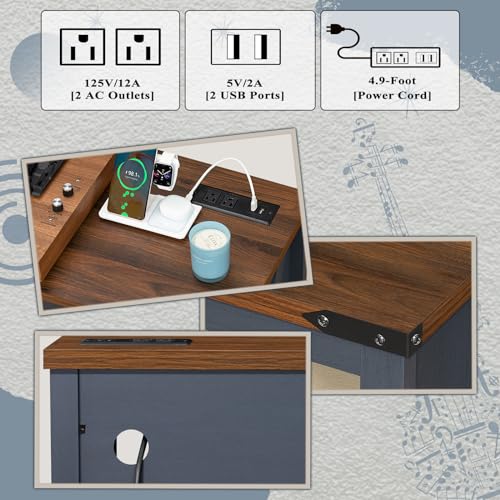 Joaxswe Large Record Player Stand with Charging Station & LED Lights, Vinyl Records Storage Holder Cabinet Holds up to 230 Albums, Turntable Stand for Music Room, Bedroom, Living Room, Office (Blue) Joaxswe