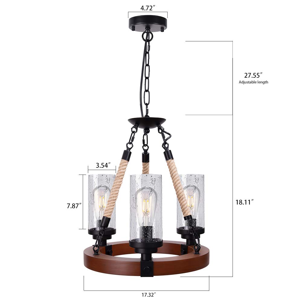 Wellmet Farmhouse Chandelier, Wood Wagon Wheel Chandelier with Seeded Glass Shade, Hanging Rustic Round 3 Lights Ceiling Pendant Lighting Fixture for Dining Room, Living Room,Foyer, Kitchen Island Wellmet