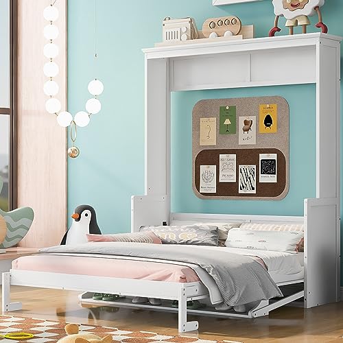 Brisca Queen Size Murphy Bed with a Shelf & Wood Slats,Bed Frame W/Modern and Simple Design,No Spring Box Needed,for Apartment,Bedroom,Guest Room,White Brisca