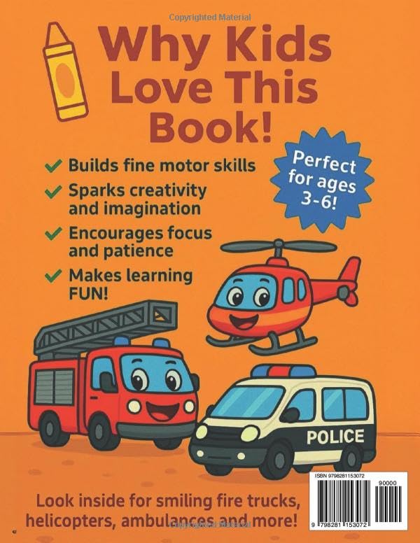 Emergency Vehicles Colouring Book for Kids Ages 3-8: 35 Big, Bold Rescue Trucks, Police Cars, Ambulances & Helicopters to Colour: Build Fine-Motor ... Heroes (Colouring Books for 3 - 6 Year olds) WoodArtSupply