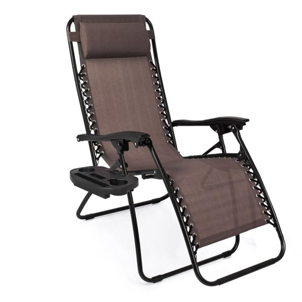 EZONE 1 Chair Zero Gravity Lounge Chairs Outdoor Adjustable Reclining Patio Chair Steel Mesh Folding Recliner for Pool Beach Camping Lounge Chair with Pillows and Cup Tray (1, Brown) EZONE