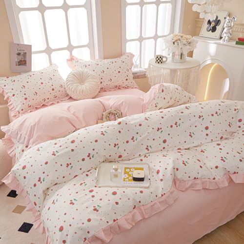 HighBuy Strawberry Print Comforter Set Twin XL Cute Fruit Bedding Set Ruffle Comforter with 2 Pillowcases Fluffy Reversible College Girl Bedding Comforter Set for All Seasons HighBuy