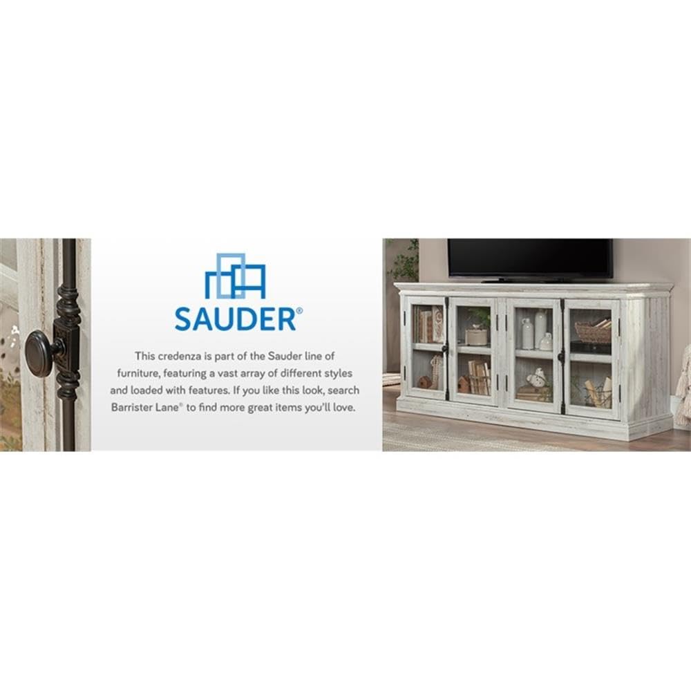 Sauder Barrister Lane TV Stand Console Credenza with Storage Glass Doors, for TVs up to 70", in White Plank Sauder