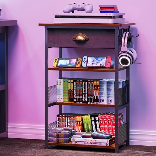 Hongtamoya 4-Tier AV Media Stand with Drawer, Video Game Console Shelf with 2 Hooks, Audio Rack Tower Perfect for/Xbox/ PS5/Switch/Game Consoles/DVD/Record Player/Projector/Sky Box/TV Accessories Hongtamoya
