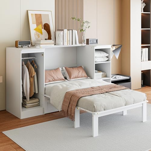 Merax Twin Size Murphy Bed with Bedside Shelves and Wardrobe, White Wooden Bed Frame with Large Drawer Merax