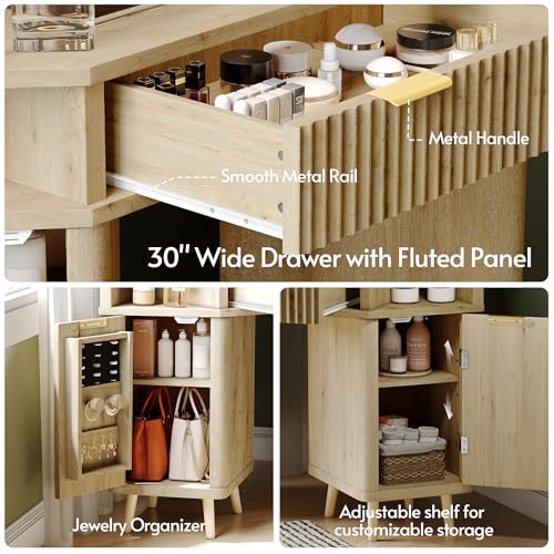 ENSTVER Corner Vanity with Clear Glass Top, 47" Corner Makeup Vanity Desk with Large Mirror and Lights, Fluted Wooden Vanity Wall-Mounted Jewelry Storage for Bedroom, Oak ENSTVER