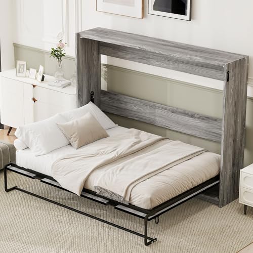 RuiSiSi Modern Metal Horizontal Murphy Bed, Full Size Lift Up Murphy Bed Cabinet, Hidden Wall Bed Foldable Horizontal Murphy Bed for Guest Room, Space Saving, Gray RuiSiSi