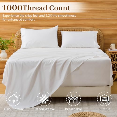 Bedlifes Deep Pocket Sheets 18-24 Inch, King Size Egyptian Cotton 1000 Thread Count, 4-Piece - Fits Extra Thick Mattresses, Cooling & Breathable (White) Bedlifes