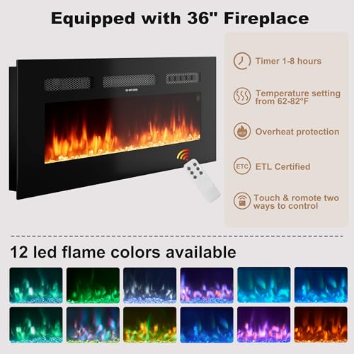 Decofy 70″ Fluted Fireplace TV Stand for 80″ TVs, Remote & Touch Control, Adjustable Flame Colors & Temperature Entertainment Center with Storage, Modern Media TV Console Table for Living Room (Black) Decofy