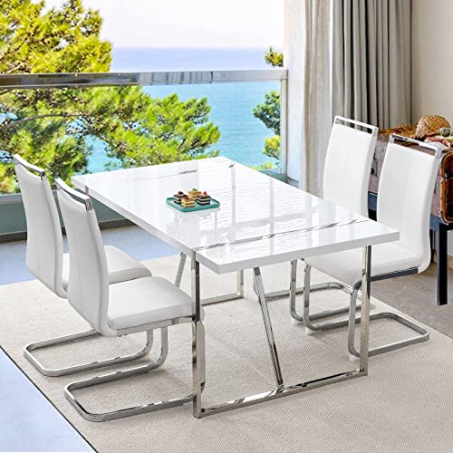 Dining Table Set for 4,White Rectangular MDF Kitchen Table and Leather Dining Chairs Set of 4, 5 Piece Dining Table Set,Modern Metal Frame Dining Room Table Set 4 with Metal Frame For Kitchen Ebullient