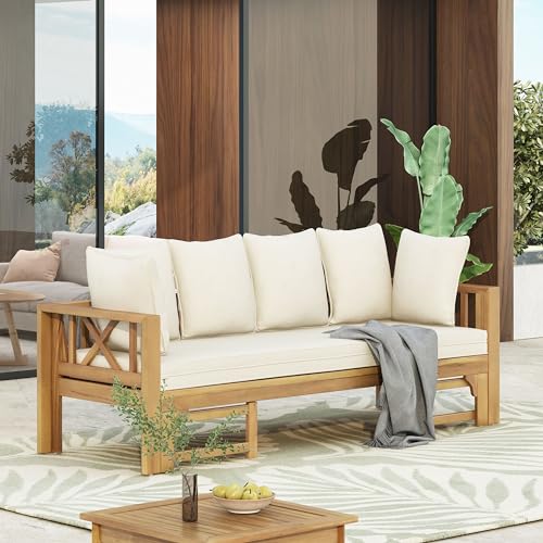 KEIKI 78.5" Outdoor Patio Sofa Bed Acacia Wood Frame Convertible Couch Daybed with Cushion & Pillow for Courtyard KEIKI