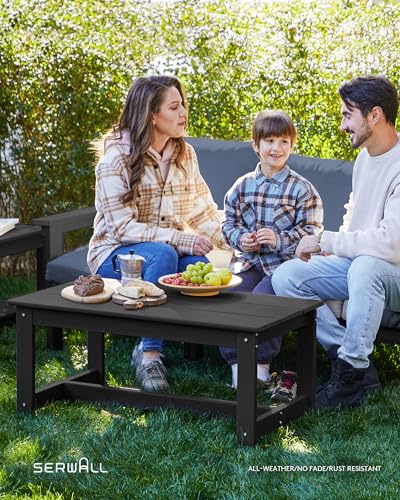 SERWALL HDPE Patio Furniture Set, 7-Piece Outdoor Sectional Sofa Set, All Weather Outdoor Couch Set for Deck, Lawn, Black Frame with Grey Cushion SERWALL