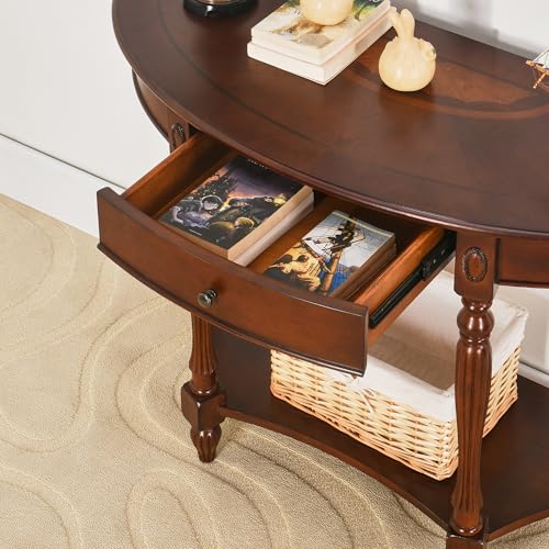 LEEMTORIG Demi Lune Console Table for Entryway Living Room, Cherry Solid Wood Entryway Table with Storage Drawer, Traditional Victorian Antique Sofa Table Hallway Table, Cherry Walnut SFZ-1533-WD-DR LEEMTORIG