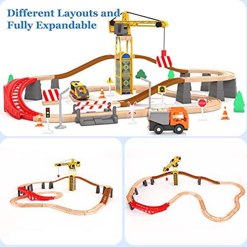 Giant bean Tower Crane Wooden Train Set, 72pcs Toy Battery Operated Train Track for Boys and Girls 3-7, Fit Thomas The Train, Brio, Melissa & Doug Giant bean